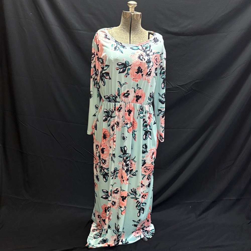 Floral Maxi Dress in Mint with Pink Roses